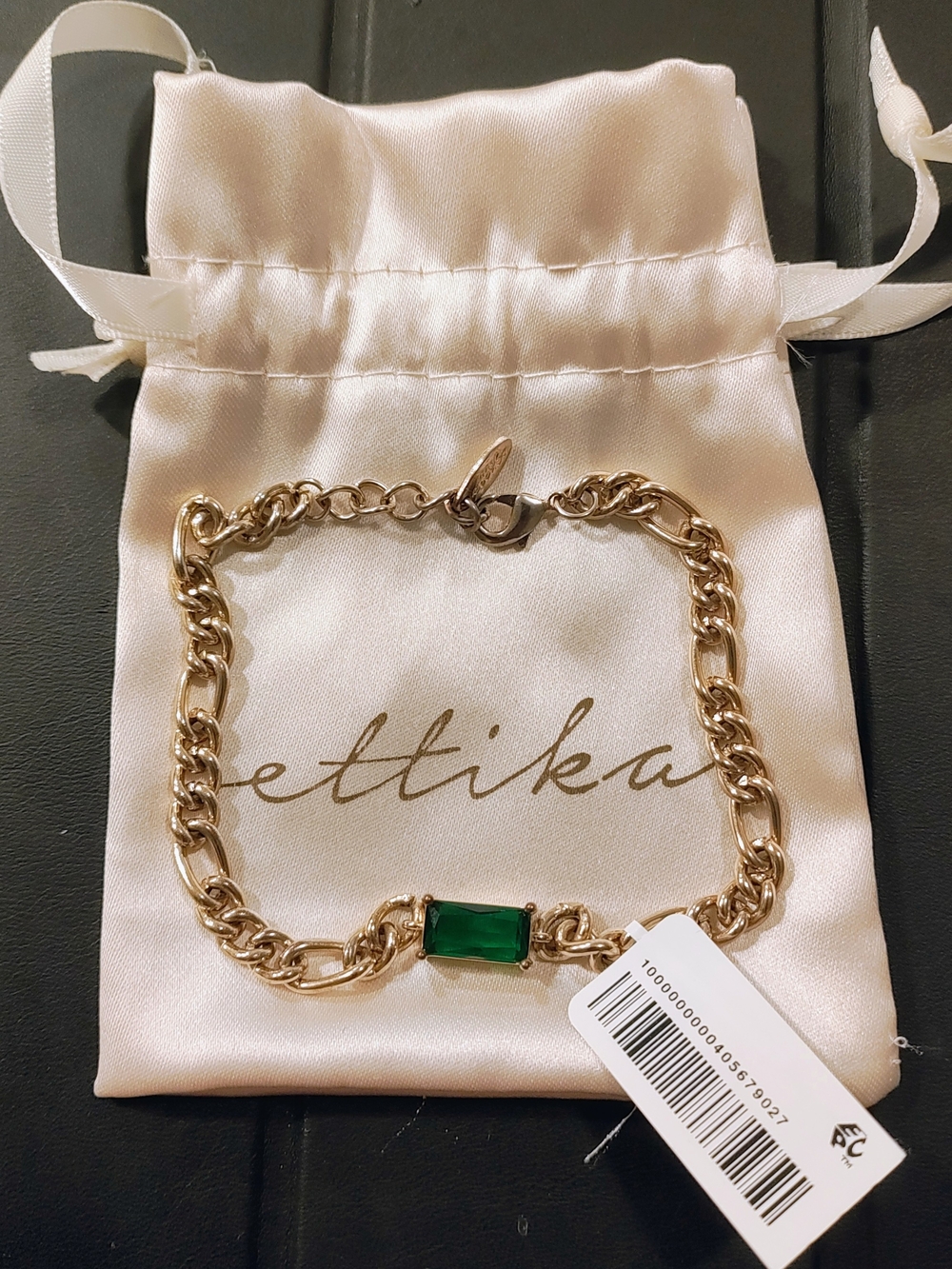 ettika Gold-Tone Chain Bracelet Anklet with Emerald Green Stone Accent